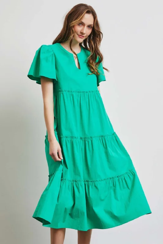 Cotton Poplin Ruffled Tiered Midi Dress Stylish Satin Midi Dress