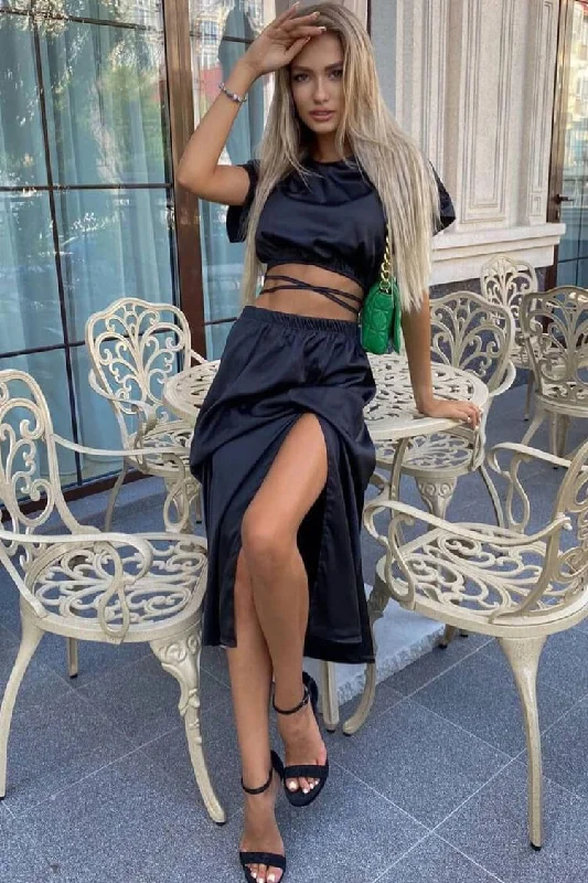 Iconic Wrapped Crop Top High Waist Split Two Piece Midi Dress - Black Elegant Lace Trim Midi Dress