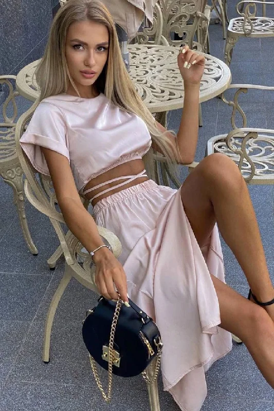 Iconic Wrapped Crop Top High Waist Split Two Piece Midi Dress - Pink Trendy Tiered Hem Midi Dress