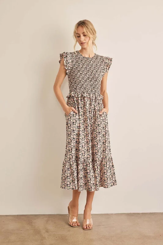 Floral Smocked Ruffled Midi Dress Fashionable Floral Embroidery Midi Dress