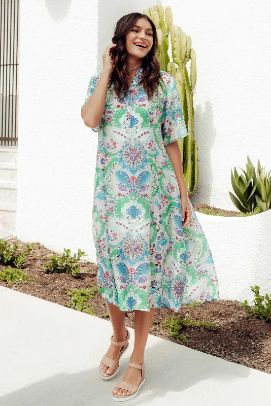 Jaime Blue Paisley Midi Dress Stylish Button-Down Midi Dress