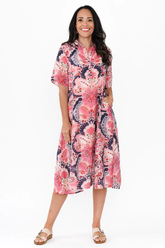 Jaime Pink Paisley Midi Dress Comfortable Denim Midi Dress