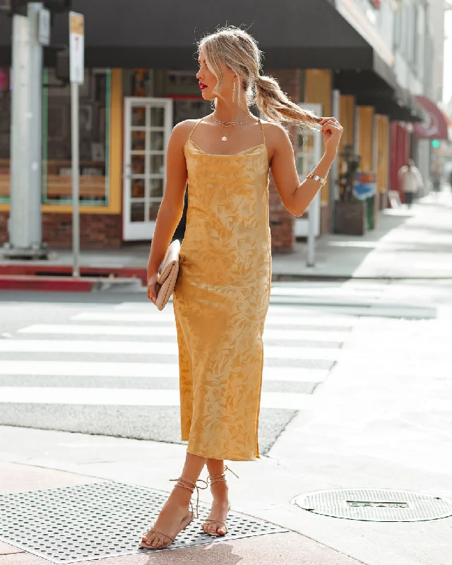 Janene Satin Cowl Neck Midi Dress - Golden Yellow - FINAL SALE Comfortable Adjustable Strap Midi Dress