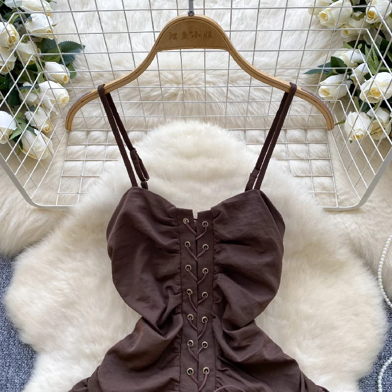 Lace-Up Corset Brown Ruffle Mini Dress Cozy Cotton Mini Dress