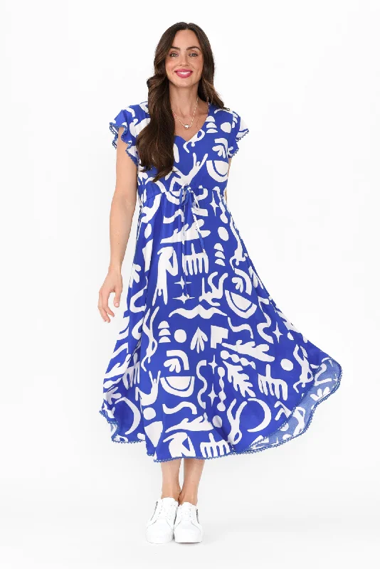 Libby Blue Geo Midi Dress Trendy Midi Dress with Belt