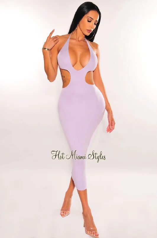 Lilac Halter V Neck Cut Out Open Back Midi Dress Fashionable One-Shoulder Midi Dress