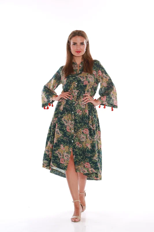 Pure Cotton Long sleeve floral print midi dress- Dark green Elegant Satin Slip Midi Dress