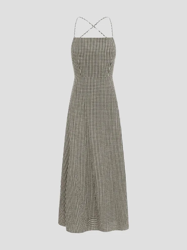 Lori Gingham Cross-Over Strap Midi Dress Comfortable Lace-Up Midi Dress