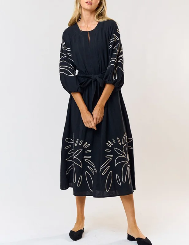 Lucia Embroidered Black Midi Dress Elegant Puff Sleeve Midi Dress