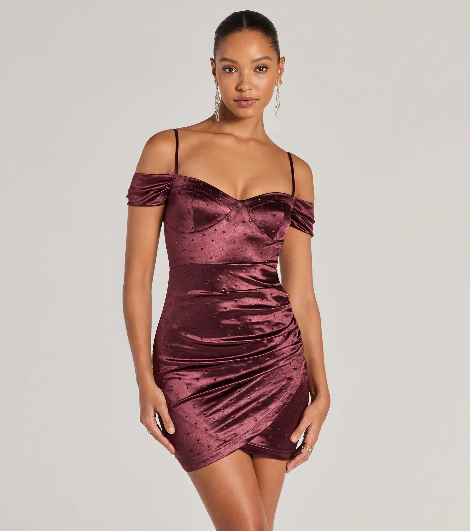 Luxe Cold-Shoulder Rhinestone Satin Mini Dress Trendy A-Line Mini Dress