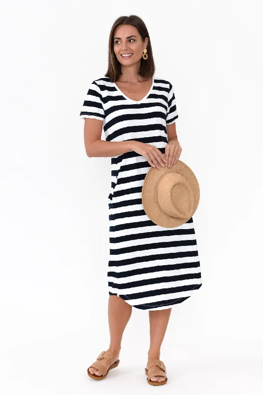 Maeve Navy Stripe Cotton Midi Dress Cozy T-shirt Midi Dress