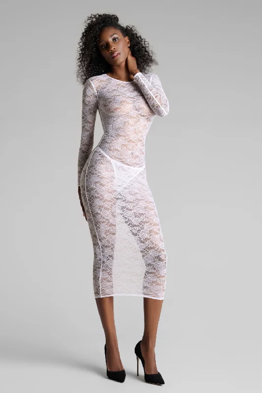 Flashback Lace Long Sleeve Midi Dress Stylish Cold Shoulder Midi Dress