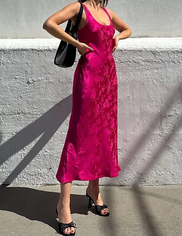 Market Fuchsia Jacquard Midi Dress Chic Lace Detail Midi Dress