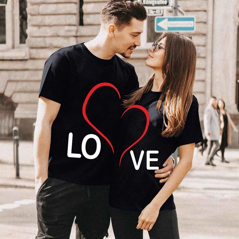 Matching Love Heart Printing Couple T-Shirts Lace Blend Ribbed Blend Corduroy Blend