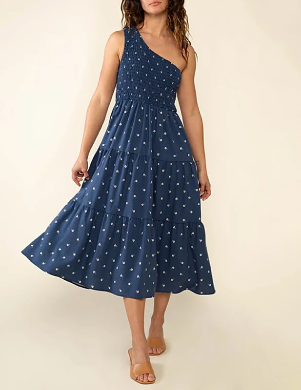 May One Shoulder Navy Floral Midi Dress Stylish Button-Down Midi Dress