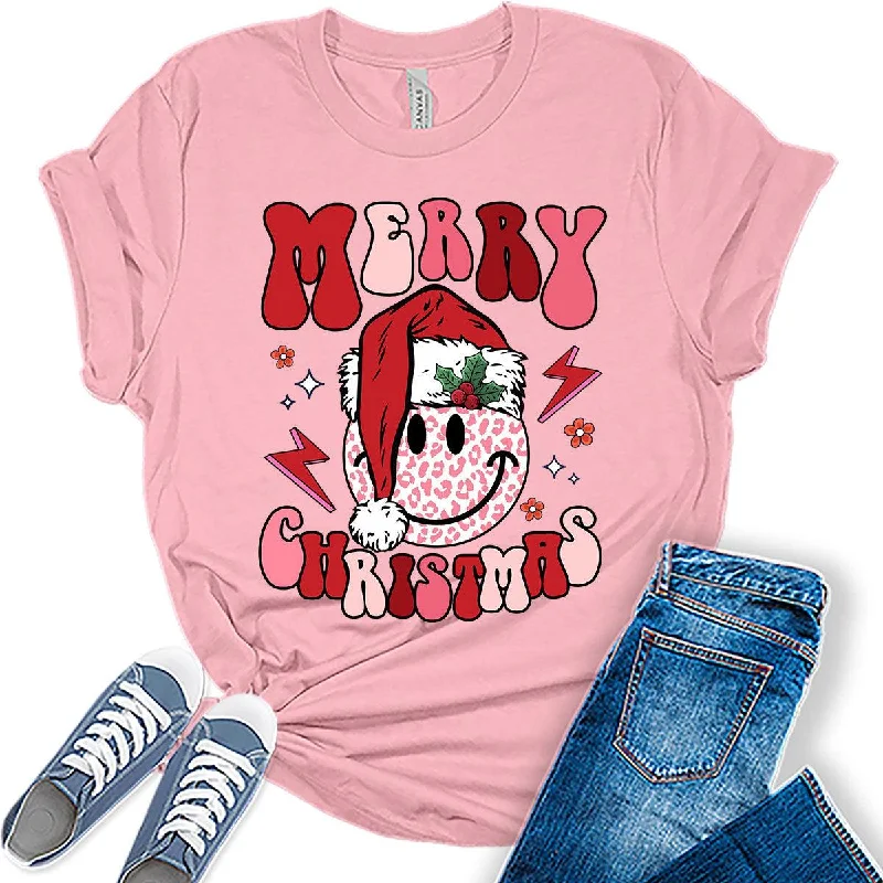 Merry Christmas Santa Hat Happy Face Funny Womens T-shirt Hooded Caped Shawl Collar