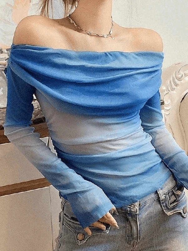 Tie Dye Off Shoulder Mesh Long Sleeve Tee Real Fur Shearling Chenille