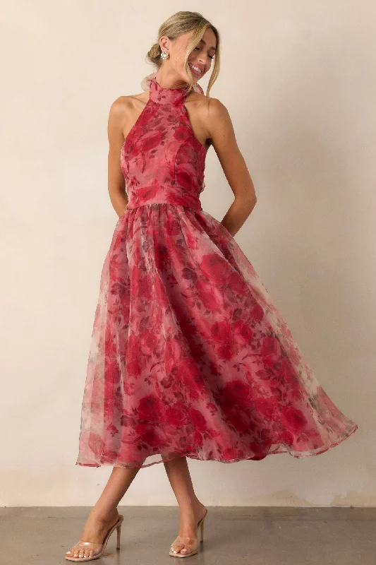 Morning Song Brick Red Floral Halter Midi Dress (RESTOCK NOVEMBER) Comfortable Button Front Midi Dress