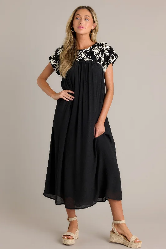 Muted Garden Black Floral Midi Dress Comfortable Casual Midi Dress