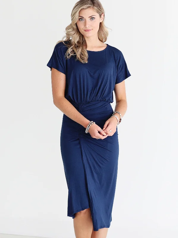 Navy DLMN Ruched Side Midi Dress Trendy Smocked Detail Midi Dress