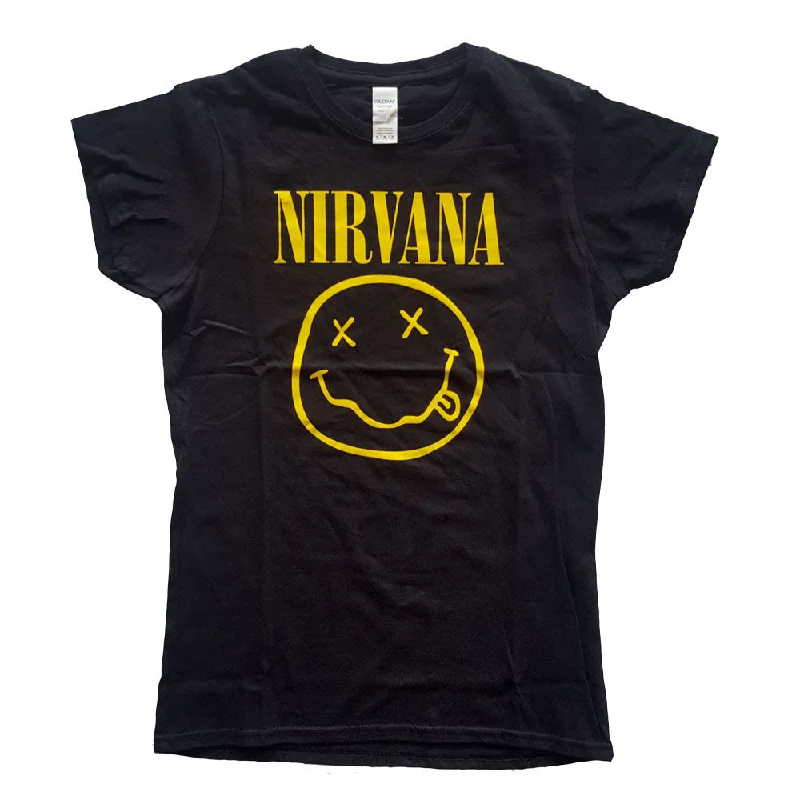 Nirvana Ladies T-Shirt: Yellow Happy Face Denim Fabric Leather Fabric Suede Fabric