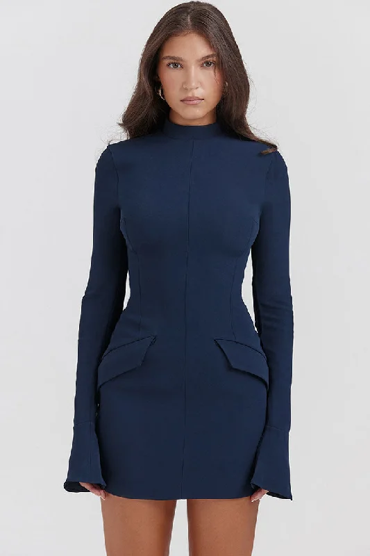 OL Mock Neck Bell Sleeve Flap Pocket Bodycon Party Mini Dress - Navy Blue Trendy Bodycon Mini Dress