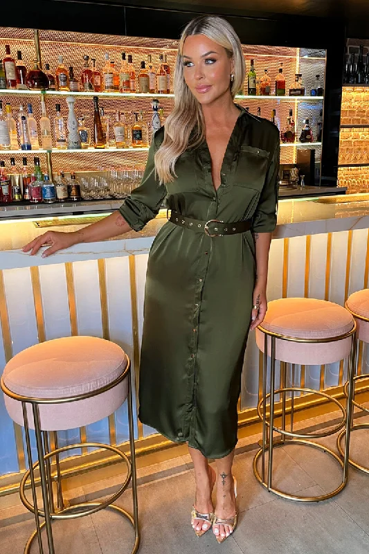 Olive Satin Belted 3/4 Sleeve Gold Buttons Shirt Midi Dress Trendy Ruffled Sleeve Midi Dress