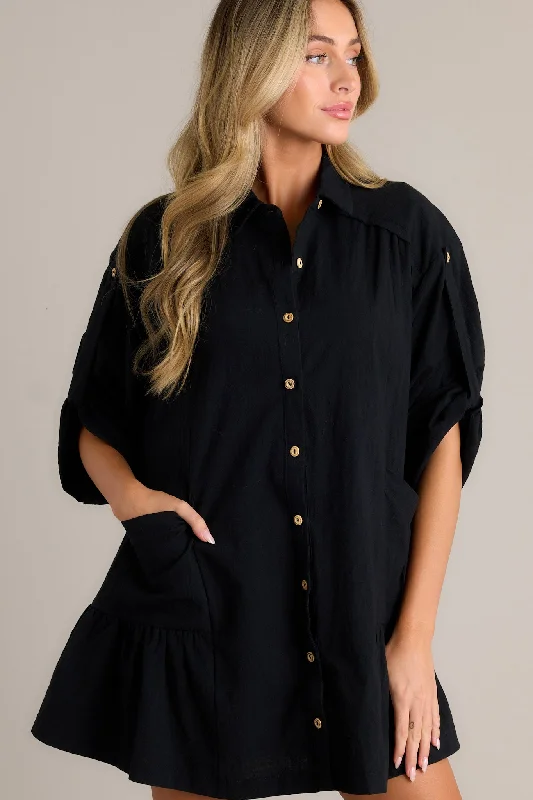 Posh Vision 100% Cotton Black Button Front Mini Dress Stylish Ruffle Mini Dress