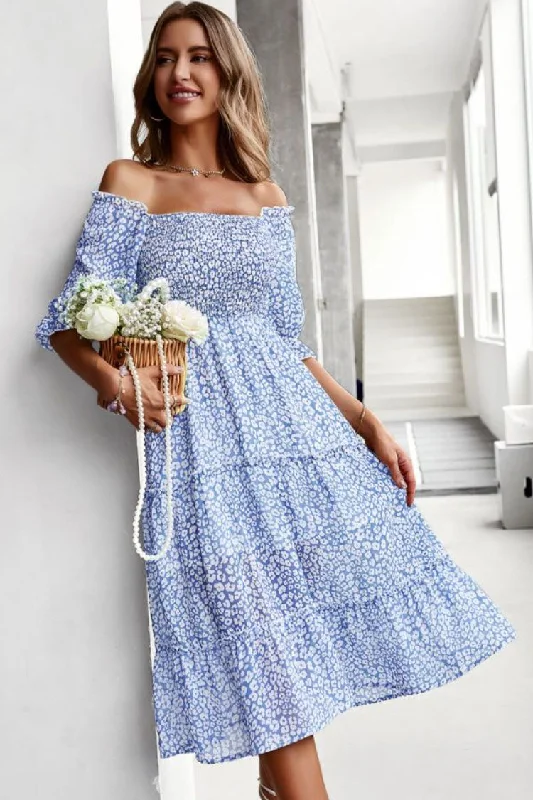 Prairie Off Shoulder Smocked Floral Printed Boho Chic Midi Dress - Blue Fashionable Polka Dot Midi Dress