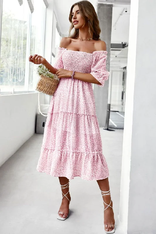 Prairie Off Shoulder Smocked Floral Printed Boho Chic Midi Dress - Pink Stylish Color Block Midi Dress