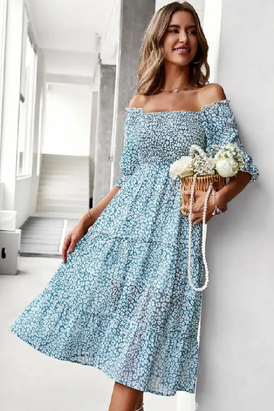 Prairie Off Shoulder Smocked Floral Printed Boho Chic Midi Dress - Teal Elegant Floral Appliqué Midi Dress