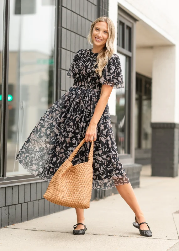 Printed Mesh Smocked Top Midi Dress - FINAL SALE Comfortable Sleeveless Midi Dress