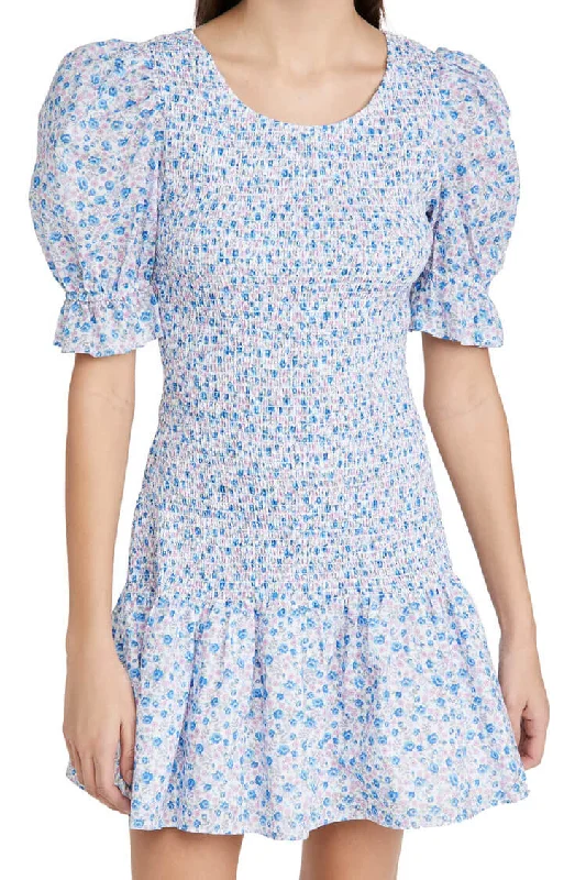 Puff Sleeve Ditsy Floral Smocked Summer Mini Dress - Blue Trendy Button-Detail Mini Dress