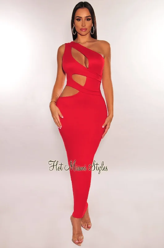 Red One Shoulder Cut Out Midi Dress Stylish Cold Shoulder Midi Dress