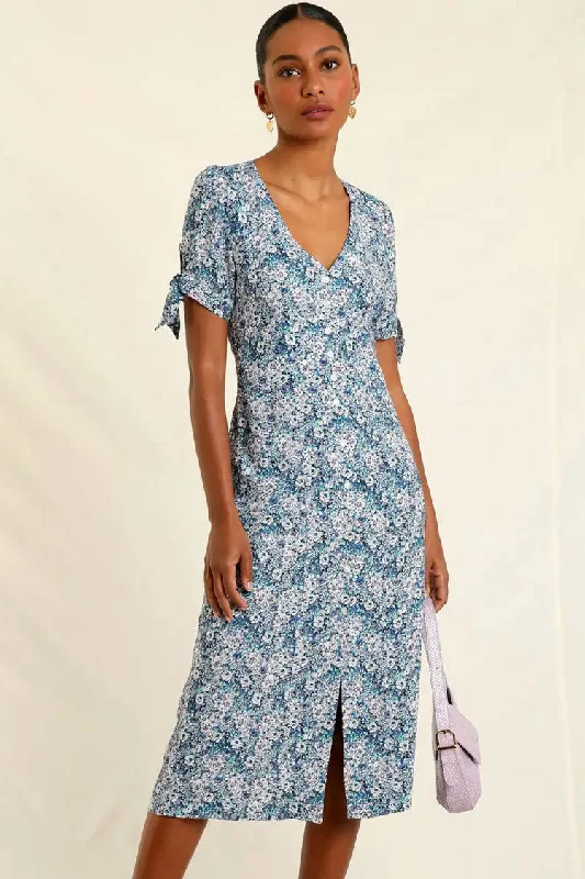 Retro Floral Print Tie Sleeve Button Up French Shirt Midi Dress - Blue Elegant Pleated Sleeve Midi Dress