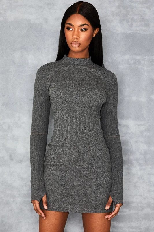 Ribbed High Neck Cut Out Long Sleeve Bodycon Mini Dress -Gray Trendy Tie-Dye Mini Dress