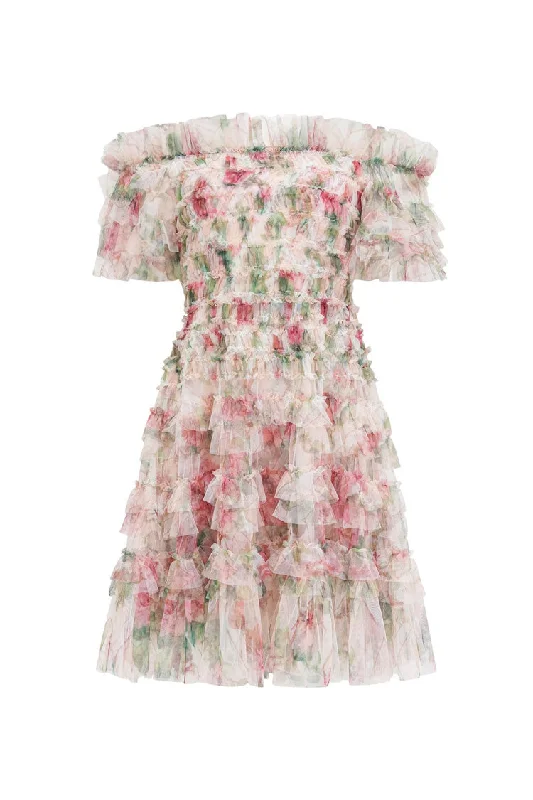 Romantic Floral Printed Off Shoulder Tulle Tiered Ruffle Party Mini Dress Comfortable Shift Mini Dress