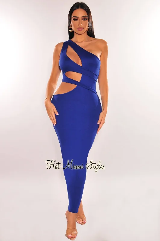 Royal Blue One Shoulder Cut Out Midi Dress Stylish Midi Dress with Cuffs