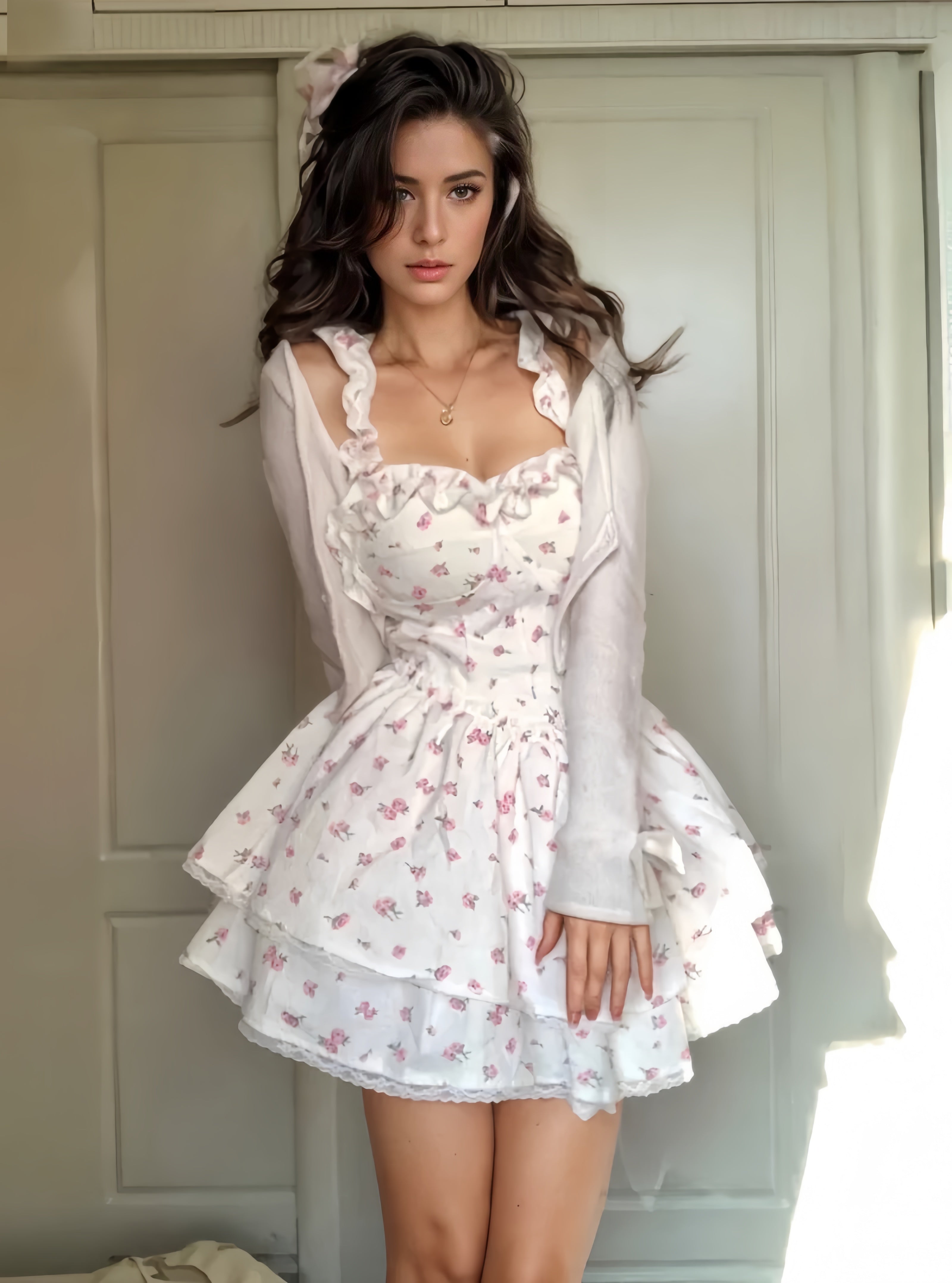 Ruffles Chiffon Print Short Mini Dress Cozy A-Line Mini Dress