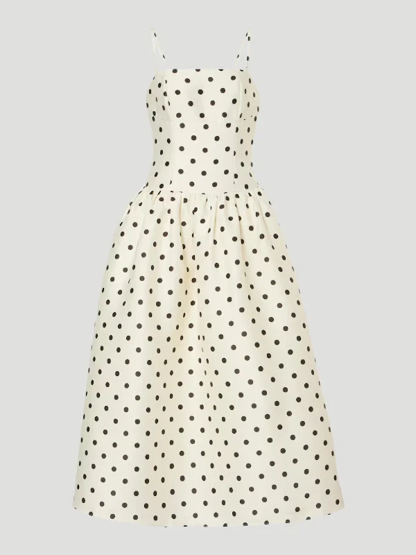 Polka Dot Taffeta Midi Dress in Cream Trendy Ruffle Hem Midi Dress