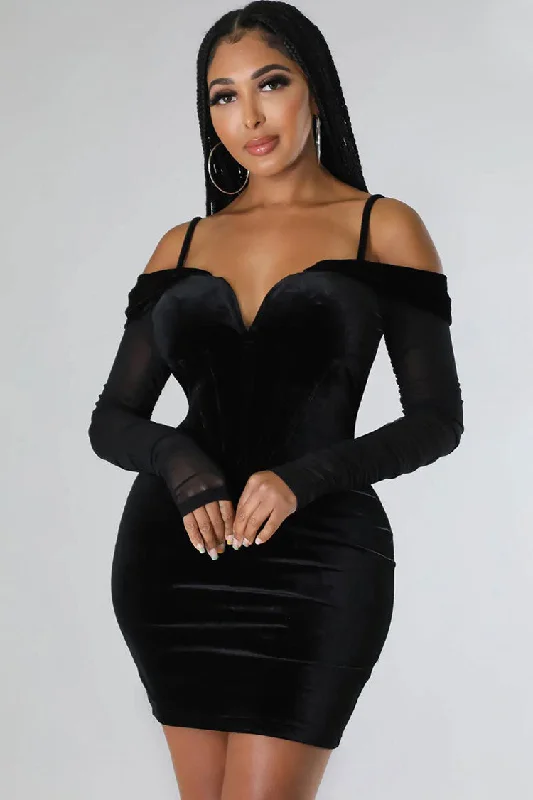 Sexy Deep V Sheer Sleeve Velvet Bodycon Corset Party Mini Dress - Black Elegant Tulle Mini Dress