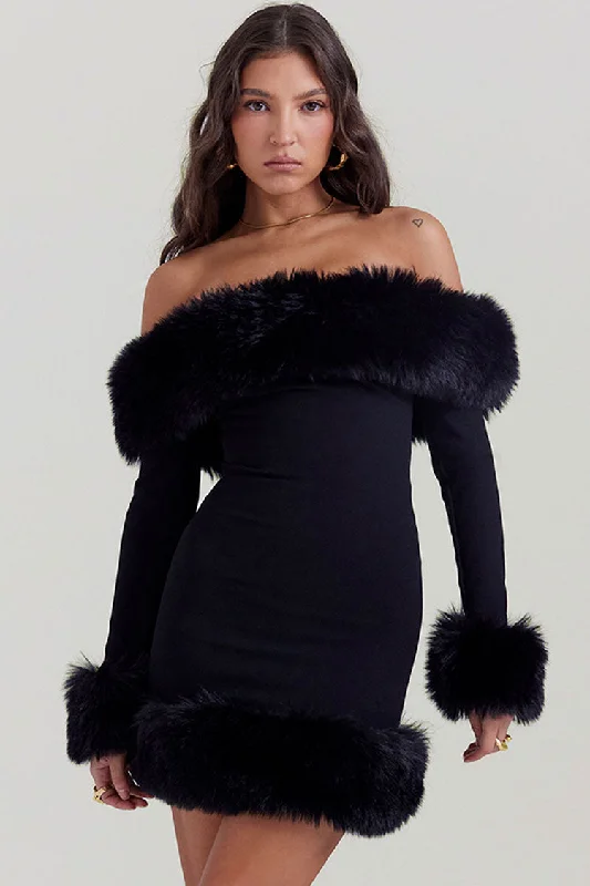 Sexy Faux Fur Off The Shoulder Long Sleeve Winter Bodycon Party Mini Dress - Black Cozy A-Line Mini Dress