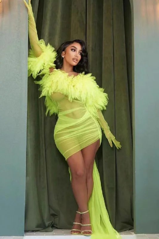 Sexy Gloved Ruffle Off Shoulder Draped Sheer Ruched Mesh Mini Dress - Neon Yellow Comfortable Smocked Mini Dress