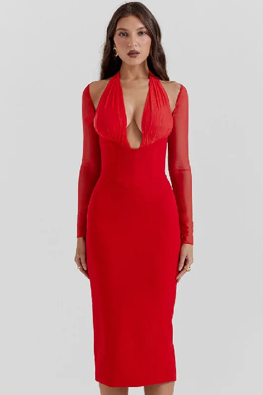 Sexy Halter Deep V Cold Shoulder Long Sleeve Bodycon Cocktail Party Midi Dress - Red Fashionable Shift Midi Dress