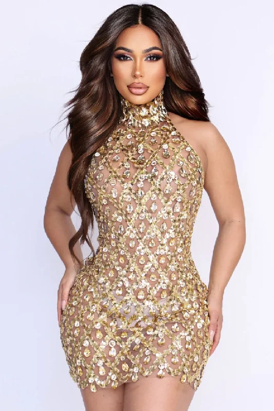 Sexy High Neck Sleeveless Sheer Mesh Rhinestone Sequin Party Mini Dress - Gold Fashionable Boho-Chic Mini Dress