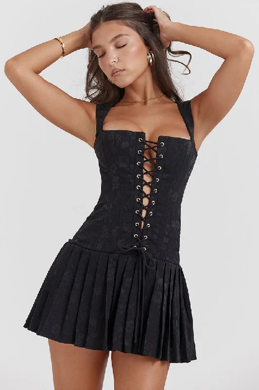 Sexy Lace Up Front Tie Sleeveless Corset Pleated Floral Party Mini Dress - Black Comfortable Polka Dot Mini Dress