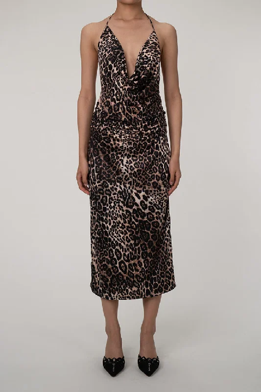 Sexy Leopard Cowl Neck Halter Tie Sleeveless Ruched Cocktail Midi Dress Trendy Fit-and-Flare Midi Dress