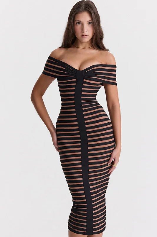 Sexy Off Shoulder Contrast Striped Bandage Cocktail Party Midi Dress - Black Elegant Velvet Midi Dress