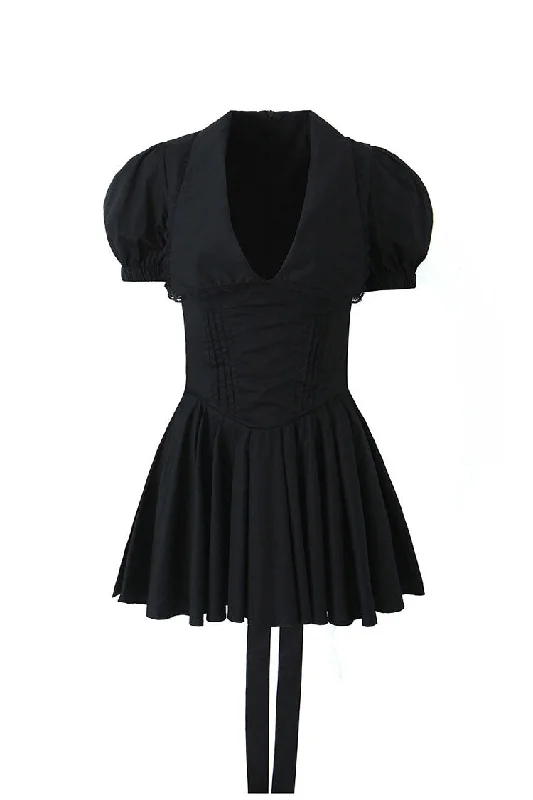 Sexy Plunge Collar Puff Sleeve Drop Waist Pleated Bow Tie Party Mini Dress Elegant Vintage Mini Dress