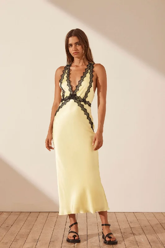 SHONA JOY CAMILLE LACE CROSS BACK MIDI DRESS - LIMONCELLO/ BLACK Comfortable Ruched Midi Dress